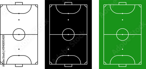 Minimal futsal court top view vector set with outline, black and green field versions. Clean soccer mini football pitch layout for sport infographic, tactics board, coaching diagram and apps.
