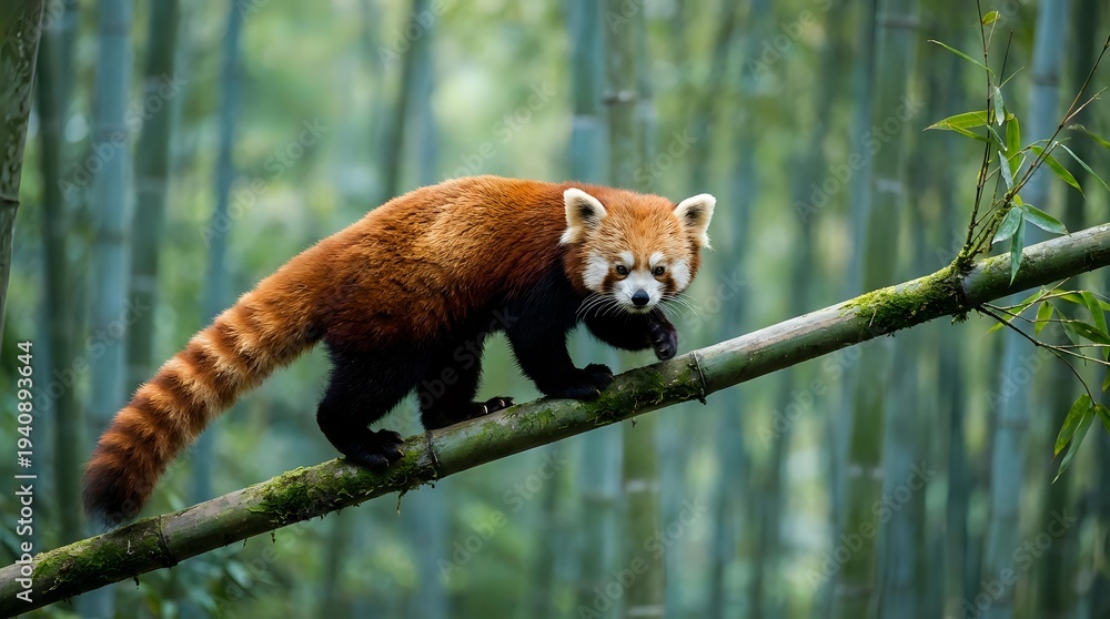 Fototapeta premium Red panda resting on tree branch in bamboo forest habitat. Wildlife conservation and endangered species protection concept for nature photography.