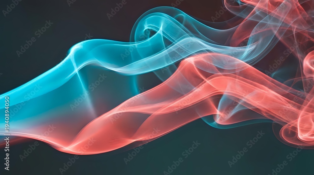 Obraz premium Abstract flowing smoke waves in vibrant cyan and coral colors creating dynamic motion against dark background for modern digital art projects.