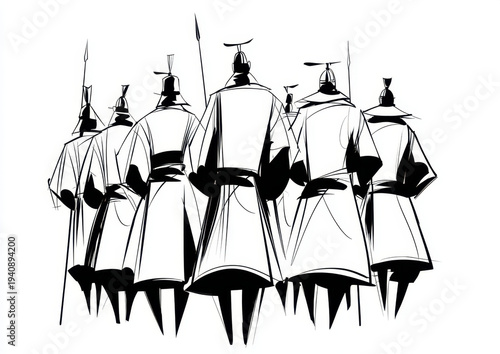 Ancient warriors in black and white illustration, showcasing group of soldiers in traditional attire, exuding strength and unity. artwork captures historical essence and evokes sense of bravery