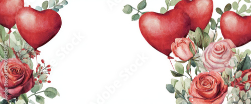 Watercolor red heart shaped balloons surrounded by pink and red roses, greenery, and delicate foliage create romantic and cheerful atmosphere. Perfect for celebrations and love themed events