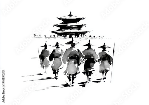 Ancient warriors in traditional attire walk towards historic temple, creating striking black and white illustration. scene evokes sense of history and culture, showcasing their journey