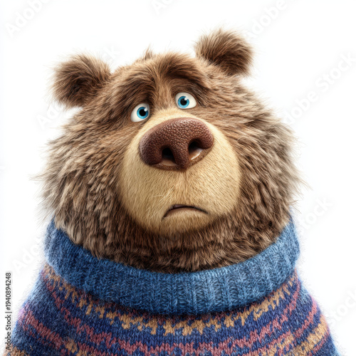Cute bear wearing colorful sweater, looking slightly sad and thoughtful, isolated on white background. This adorable character evokes warmth and charm, perfect for various creative projects