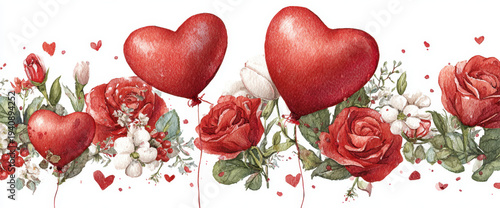 Watercolor red heart shaped balloons with roses and greenery create romantic and festive atmosphere, perfect for celebrations and special occasions