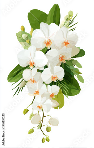 Beautiful white orchid bouquet featuring lush green leaves and delicate buds, perfect for weddings or special occasions, exuding elegance and charm