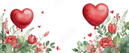 Watercolor red heart shaped balloons surrounded by roses and greenery create romantic and cheerful atmosphere, perfect for celebrations and special occasions