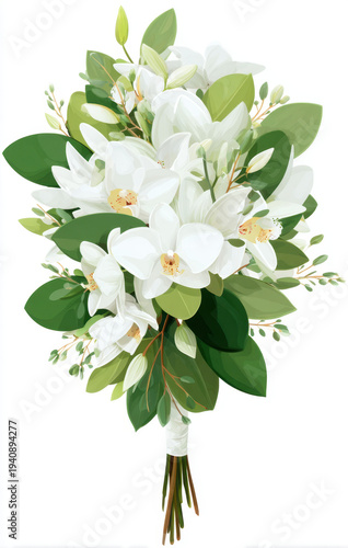 Beautiful white orchid wedding bouquet featuring lush green leaves, perfect for romantic occasion. This elegant arrangement captures essence of love and celebration