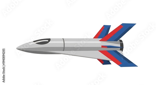 Clean vector illustration of supersonic jet missile with silver fuselage and colorful red and blue stabilizer fins isolated against plain white background
