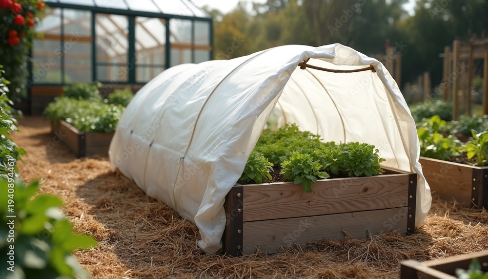 Fototapeta premium Raised garden bed with white tunnel cover protects young plants. Greenhouse structure visible in background. Outdoor plot with mulch and soil.