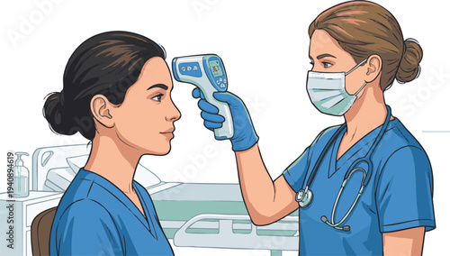 Nurse taking a patient's temperature with an infrared thermometer, illustrating a medical screening process for health monitoring and fever detection in a clinic setting