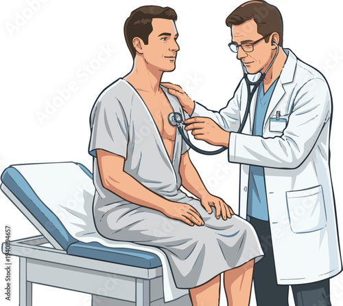 Professional male physician conducting a thorough medical examination on a male patient in a clinic, utilizing a stethoscope for a health check-up and diagnosis