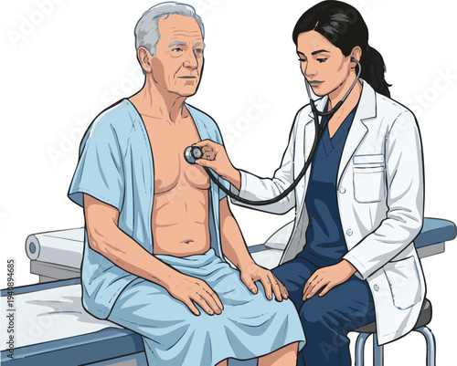 A female doctor carefully listens to an elderly male patient's chest with a stethoscope during a medical check-up, emphasizing healthcare and diagnostic process
