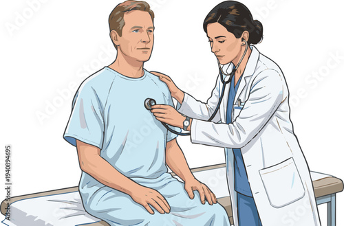 Female Doctor Performing a Thorough Medical Examination on a Male Patient with a Stethoscope to Assess Heart and Lung Health in a Clinic Setting