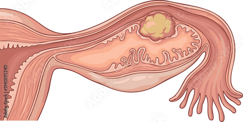Detailed medical illustration showing a cross-section of the female reproductive system with a uterine tumor or fibroid growth, for gynecological health awareness and education
