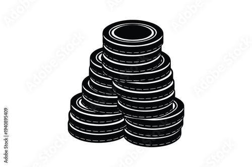 A stack of black and white poker chips arranged in a pyramid shape