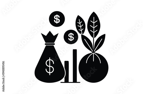 Financial growth concept with money leaves and a money bag