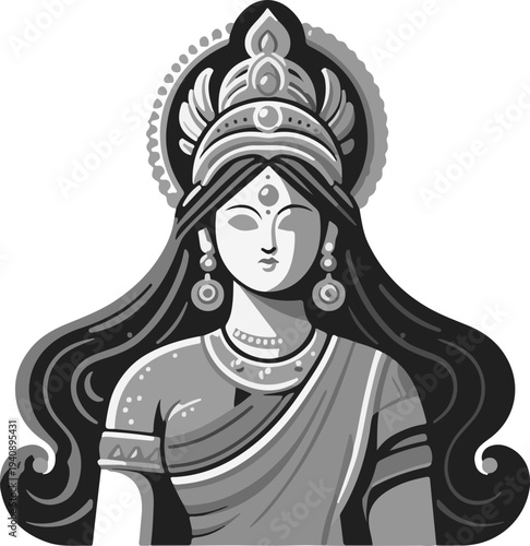 Isolated Graphic of a Colorful Indian Goddess, Emphasizing Intricate Jewelry and a Peaceful Expression, Perfect for Event Posters or Brochures