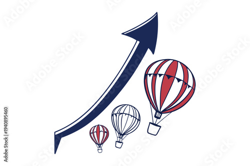 Hot air balloons ascend with a rising arrow symbolizing growth