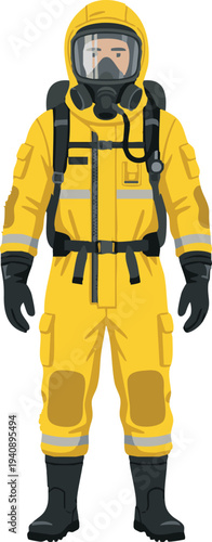 A person wearing a full body hazmat suit with a gas mask and respirator, ready for hazardous environments or a pandemic response