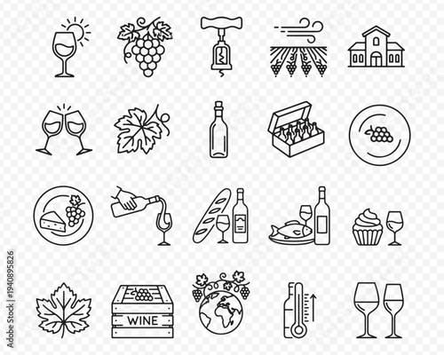 Wine Vineyard Dining Icons Set - Editable Stroke Line Art Symbols for Winery, Vineyard, Corkscrew, Tasting Menu, Alcohol Beverage, Cheese Pairing, Vine Leaf, Harvest, Sommelier, Cellar, Bar, restauran
