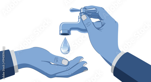 Illustration of two hands, one turning a faucet to pour clean water into the other, symbolizing World Water Day and access to clean water, with a simple business background.