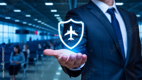Businessman holding digital shield with airplane icon airport travel security protection concept