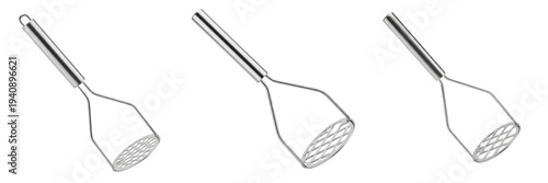 Foto Set of professional stainless steel potato mashers with long ergonomic handles f