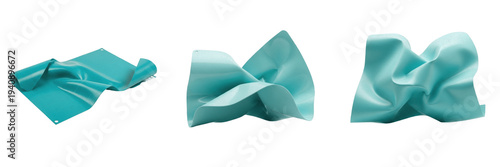 Obraz na płótnie Collection of wrinkled teal blue fabric scraps and draped silk textile pieces is