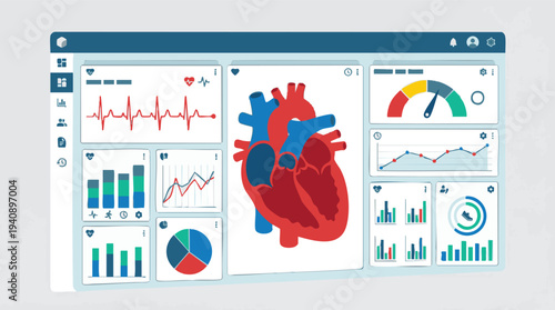 Isometric medical dashboard with a realistic 3D human heart. Vital sign analytics and diagnostic data support advanced healthcare monitoring and efficient patient care