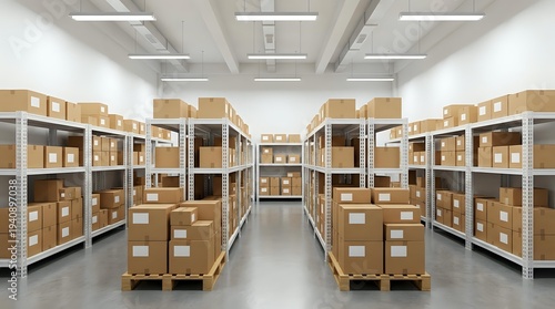 Modern warehouse interior with organized cardboard boxes on metal shelving units. Clean industrial storage facility for logistics and distribution operations.