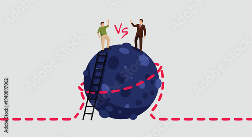 Two businessmen on a planet, reaching for each other, representing competition and collaboration.