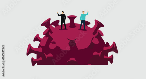 Two Men Waving on Top of a Coronavirus Particle