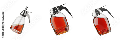 Tableau sur toile Set and collection of glass syrup dispensers and honey jars with chrome lids and