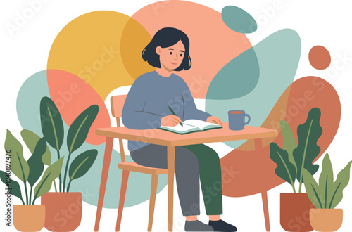 Peaceful illustration of a woman journaling at a desk, surrounded by calming plants and abstract forms, embodying mindfulness and personal reflection for well-being