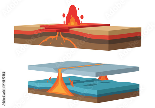 Volcanic Eruption and Magma Formation. Geological Process. Cutaway View. Diagram.