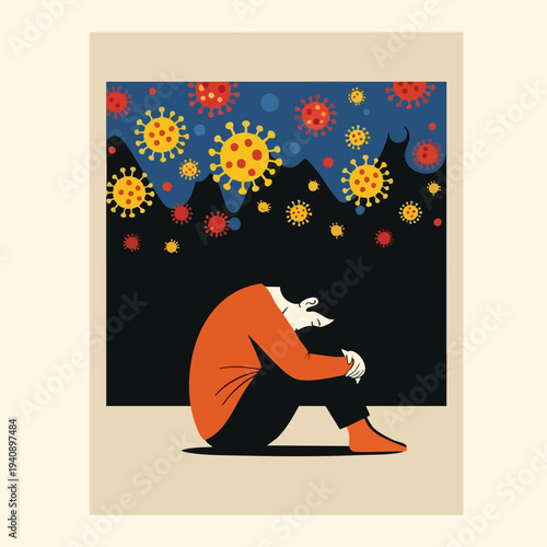 Sad Man Sitting Alone, Looking at Coronavirus Icons. Sadness, Isolation, Pandemic.