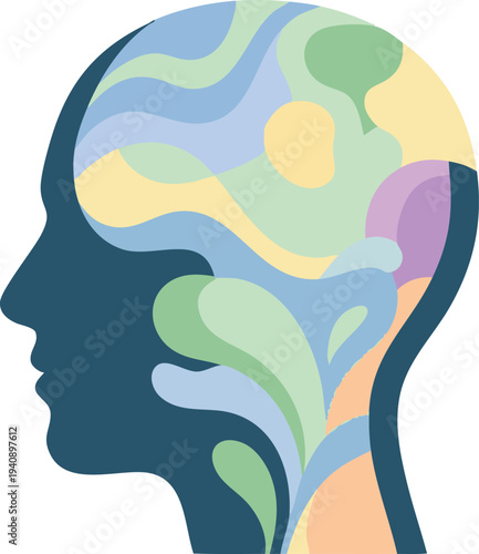 Abstract illustration representing mental health awareness, showcasing the complexity of the human mind and emotional well-being through colorful, organic shapes within a profile silhouette