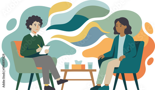 Therapy session illustration depicting a conversation between a therapist and a client in a calm setting with speech bubbles symbolizing communication and emotional expression