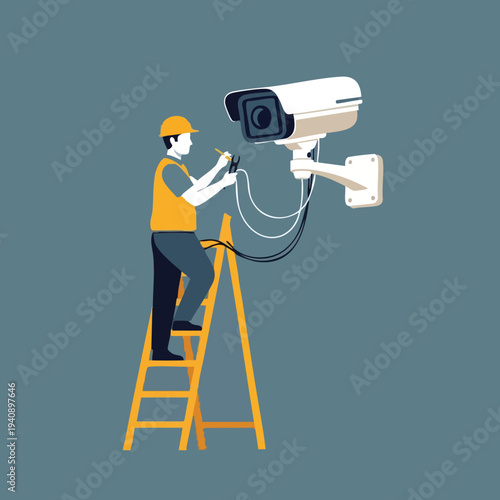 Technician Installing Security Camera. CCTV Installation. Maintenance Service. Flat Design Illustration.
