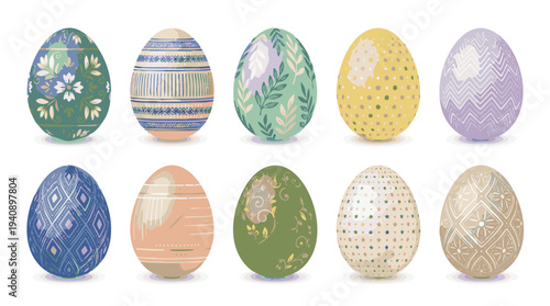A collection of ten vibrantly decorated Easter eggs, showcasing diverse patterns and colors, perfect for festive greetings and spring celebrations