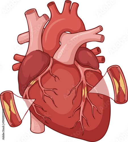 Vector illustration of coronary arteries narrowed by plaque buildup, depicting atherosclerosis affecting heart health