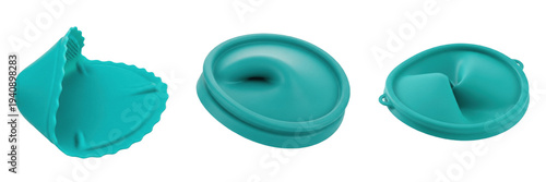 Fotografía Set and collection of teal green reusable silicone stretch lids and flexible foo
