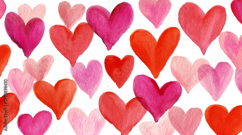 Watercolor seamless hearts pattern pink red love background romantic design texture