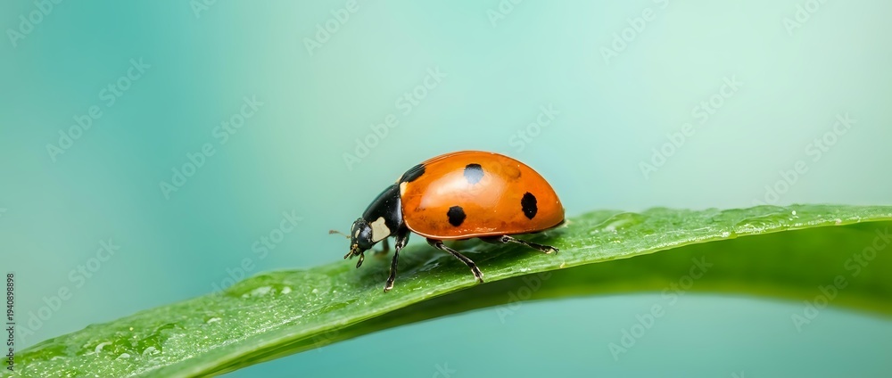 Fototapeta premium Red ladybug with black spots crawling on green leaf with water droplets against soft turquoise background for nature and garden themes.