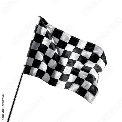 Checkered racing flag waving in wind isolated on white background for motorsport victory finish line