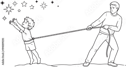 Man Holding Back a Child Reaching for Stars with a Rope, Concept of Restricted Dreams and Overprotective Parenting, Line Art Illustration