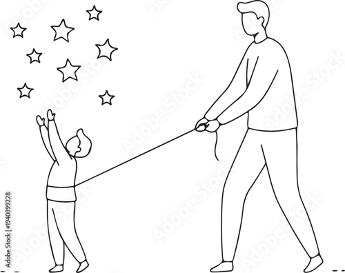 Minimalist Line Art Illustration of a Father Holding a Child on a Leash as They Reach for the Stars, Concept of Overprotective Parenting and Restricting Dreams.