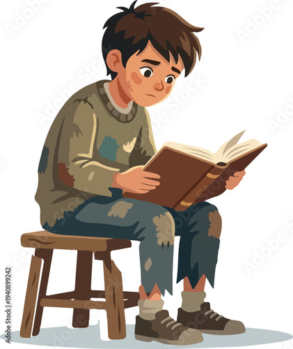 Poor Orphan Boy in Tattered Rags Sitting on a Stool Reading a Book, Symbol of Hope and Education in Poverty, Street Child Student Learning