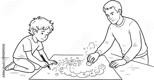 Strict Father Erasing a Child's Creative Drawing, Sad Little Boy Sketching, Parenting and Discipline Concept Illustration.