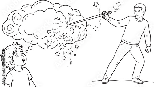 Adult Man Popping a Child's Dream Thought Cloud with a Needle, Harsh Reality and Destroying Imagination Concept Illustration, Coloring Page Style